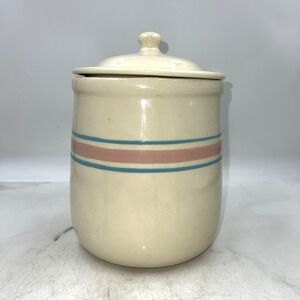 VTG McCoy Pottery Cannister w/ Lid Large Cookie Jar USA Blue and Pink Band 10"